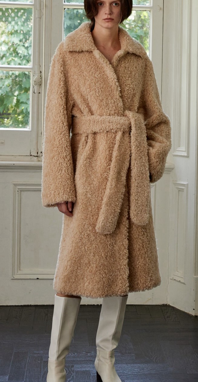 Womens belt fake fur Teddy long coat
