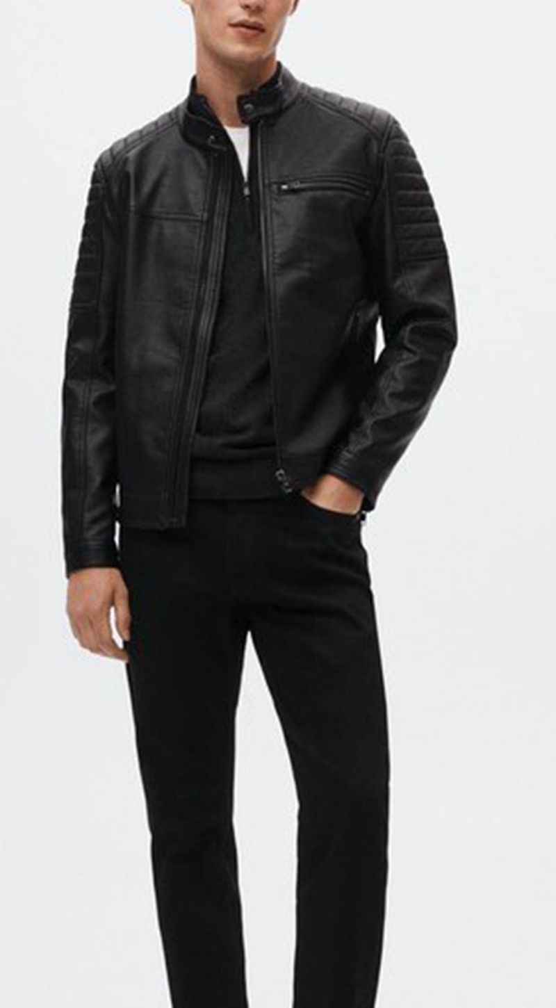 Mens leather jacket with stand-up collar