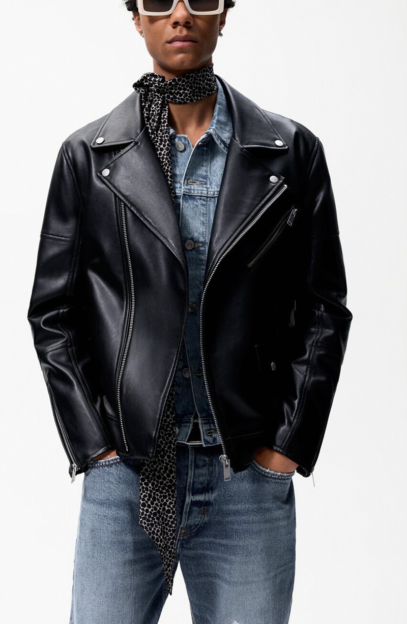 Mens slim-fit fake leather jacket